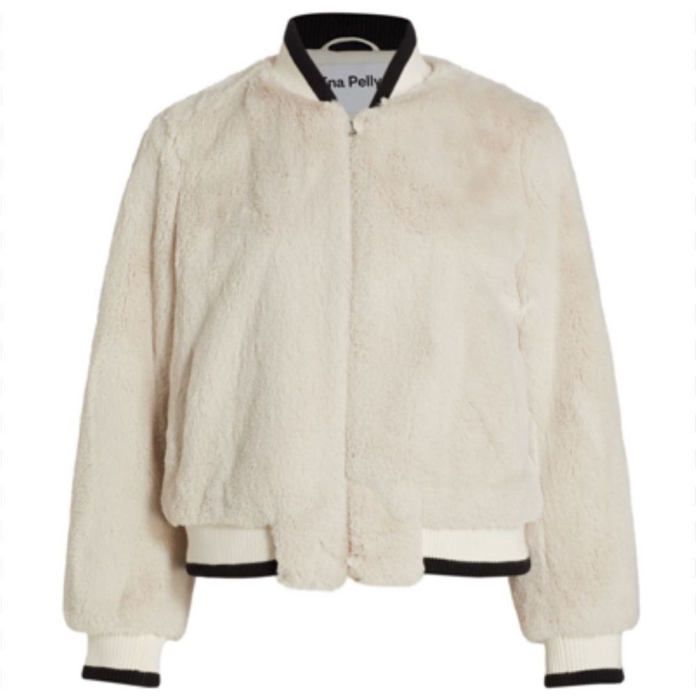 Ena Pelly Core Essential Faux Fur Bomber Jacket Bone Cream Black Trim Sz 2